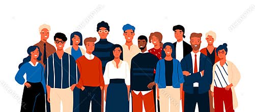 Group portrait of funny smiling office workers or clerks standing together. Team of cute cheerful male and female