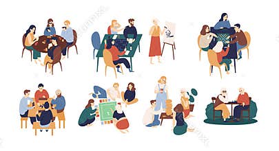 Collection of funny smiling people sitting at table and playing board or tabletop games. Home leisure activity for
