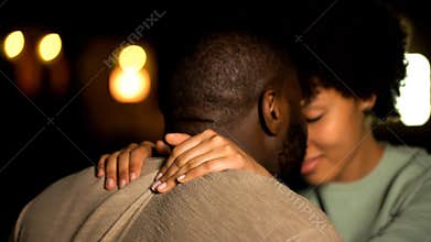 Lovers couple nuzzling, intimate date night city, sexual desire, seducing girl