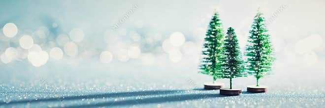 Magical miniature winter wonderland banner. Evergreen christmas trees on shiny blue background.