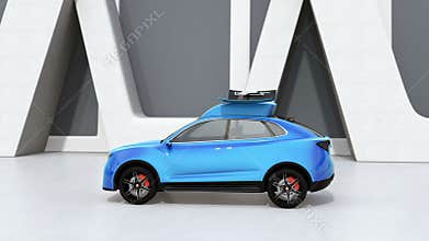 Blue electric SUV released drone for leisure entertainment