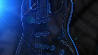 Animation of a blue wireframe 3D electric guitar