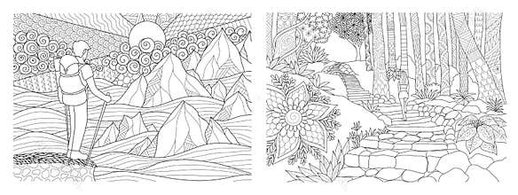 Traveling in nature adult coloring pages collection. Vector illustration