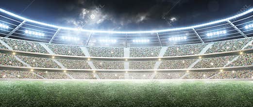 Soccer stadium. Professional sport arena. Night stadium under the moon with lights. Panorama