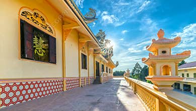 Beauty architecture leads to Lord Buddha statue shining in Dai Tong Lam Pagoda