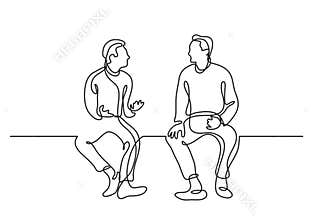 One line drawing of two sitting men talking
