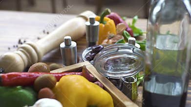 Fresh bulgarian pepper, tomatoes, garlic, salt, pepper, olive oil and balsamic vinegar for salad. Fresh vegetables and