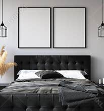 Bedroom interior with poster mockup, modern style