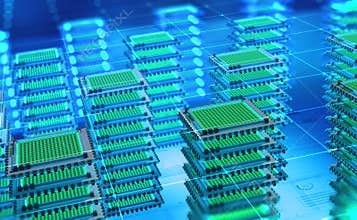 Futuristic Data center. Big Data analytics platform. Quantum processor in the global computer network