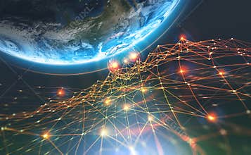 Block chain network and Planet Earth. Artificial intelligence. Global decentralized database