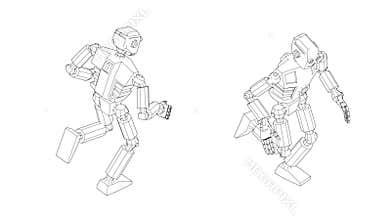 Robot android run cycle. Isometric front and back view.