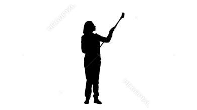 Woman mop washes the wall. Silhouette White background