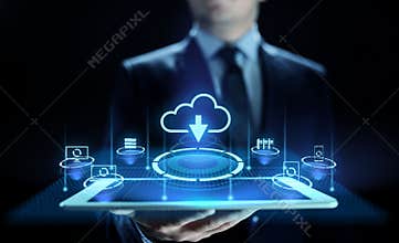 Cloud technology data storage processing computing Internet concept. Businessman pressing button on screen.