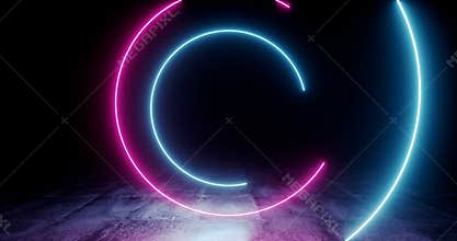 Spiral Loopable Neon Glowing Fluorescent Retro Sci Fi Futuristic Purple Blue Laser Circle Rotating Lights On Dark Grunge Concrete