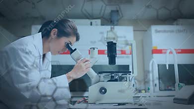 Scientist looking into a microscope inside the lab