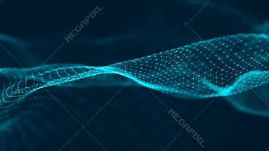 Wave of particles. Futuristic blue dots background with a dynamic wave. Big data. 3d rendering.