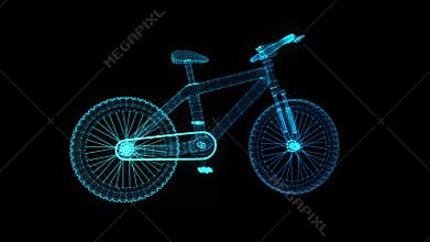 Bicycle. Glowing blue light particles point and line of bicycle model. Seamless looping motion animation in 3d virtual