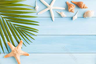 Flat lay photo saeshell and starfish on blue wood table, top view and copy space for montage your product, summer concept