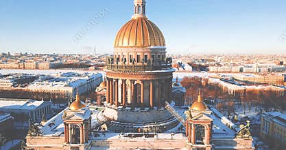 Saint Isaac`s Cathedral, Isaakievskiy Sobor from bird view. Ancient temple, architecture in the winter city. 4K Drone