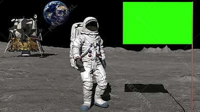 Astronaut walking on the moon and saluting the Green Screen Flag.