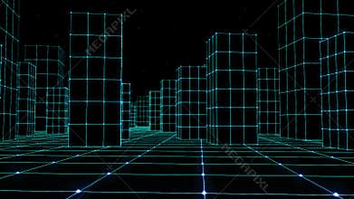 Cyber space city sketchy houses from a glowing grid