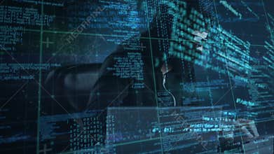 Male hacker using computer to hack the system and coding on the foreground.