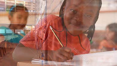 Little girl working in a class room surrounded by animation of library