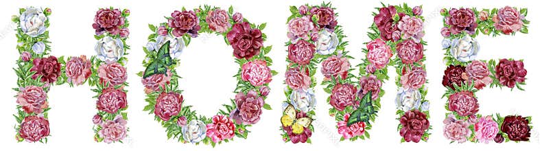Word HOME of watercolor peonies flowers and butterflies