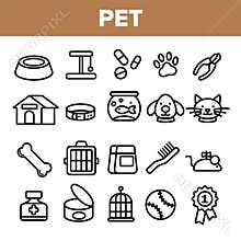 Pet Line Icon Set Vector. Animal Care. Grooming Pet Symbol. Dog, Cat Veterinar Shop Icon. Thin Outline Web Illustration