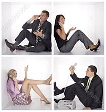 Funny people talking phone in the white cubes