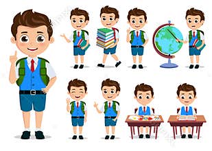 School kids student vector characters set. Back to school boy cartoon characters