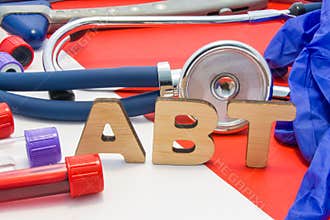 ABT medical abbreviation meaning antibody titer in blood in laboratory diagnostics on red background. Chemical name of ABT is surr