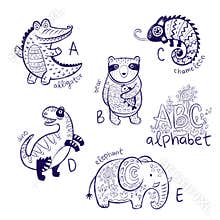 Cute zoo alphabet drawing in a chalk style. Hand drawn contour illustration