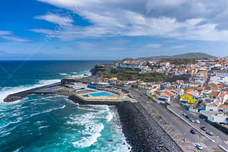 Aerial view of Atlantic coast at Ribeira Grande. Blue water and clouds. Island of Sao Miguel, Azores Islands, Portugal, Europe