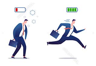 Full of energy and tired businessman. Stressed overworked and vigorous businessman. Powerful and flat person with full