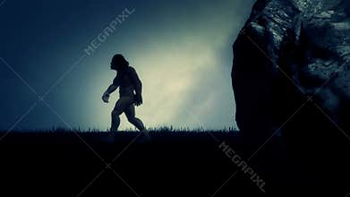 A caveman stepping out of his cave