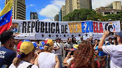 A rally against Maduro dictatorial regime in Caracas Venezuela shows Guaido supporters volunteering for humanitarian aid