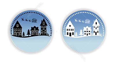 Winter city scene round badge