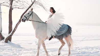 Attractive cute dark-haired lady in a long gray vintage dress with bare shoulders sits astride a horse, confidently