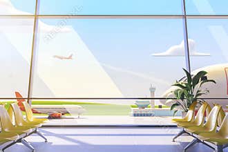Cartoon airport terminal lounge with airplane on background. 3d illustration.