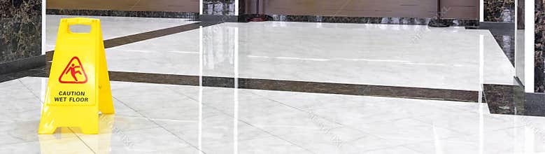Marble shiny floor in a luxury hallway of company or hotel during cleaning