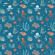 Marine Life flat vector seamless pattern background. Underwater animals wildlife
