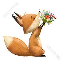 Cute fox with floral bouqet
