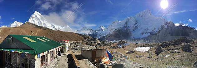 Buddha Lodge & Restaurant at Gorak Shep with snow capped Himalayan range scenery, Everest Base Camp EBC trail peak, Nepal