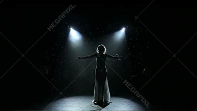 Female singer backlit on smoky stage