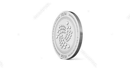 Silver IOTA coin spinning clockwise in perfect loop isolated on white background.