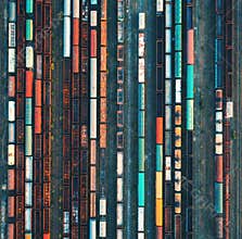 Top view of colorful cargo trains. Aerial view