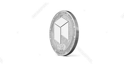 Silver NEO coin spinning clockwise in perfect loop isolated on white background.