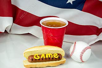 Beer and baseball with hot dog and American flag background