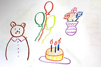 Child\'s drawing with crayons - a birthday of a bear, cake with candles, balloons, flowers
